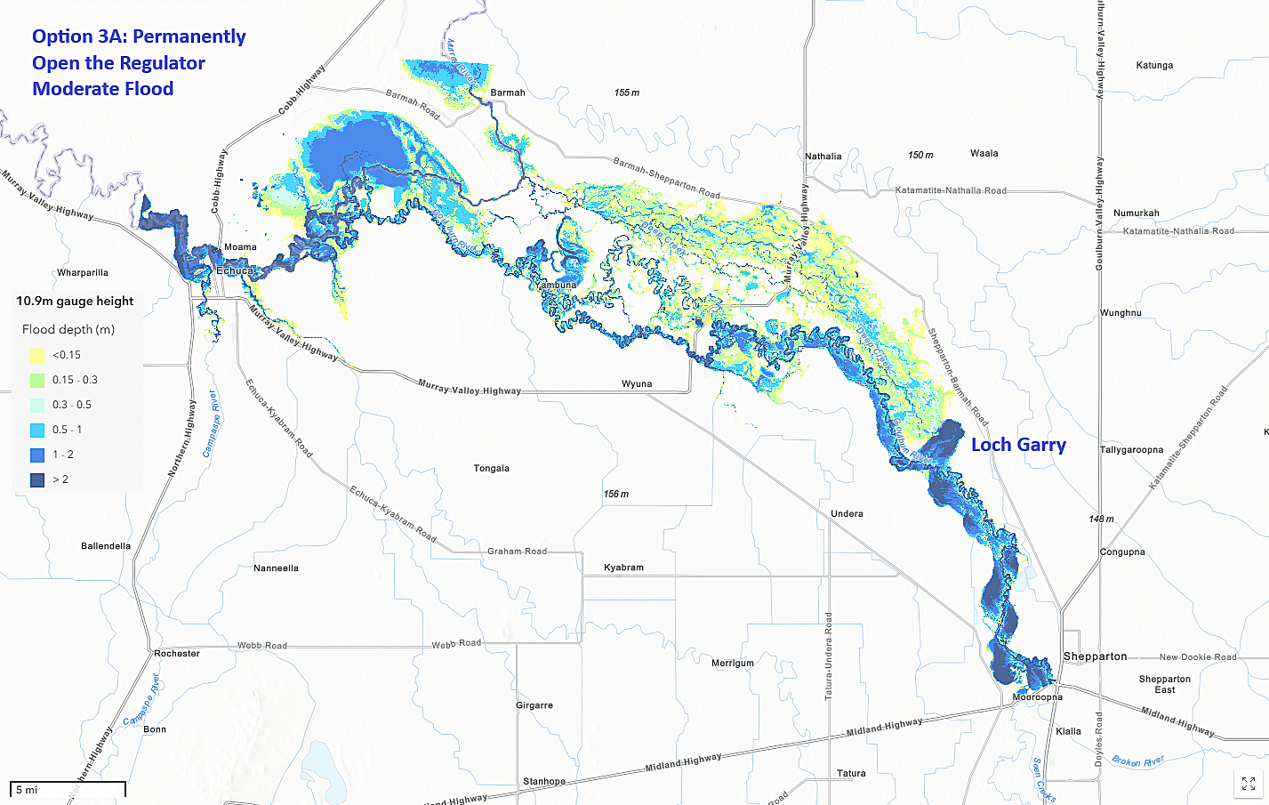 Loch Garry flood map – Option 3A: Permanently open the regulator during a moderate flood event (10.9m)