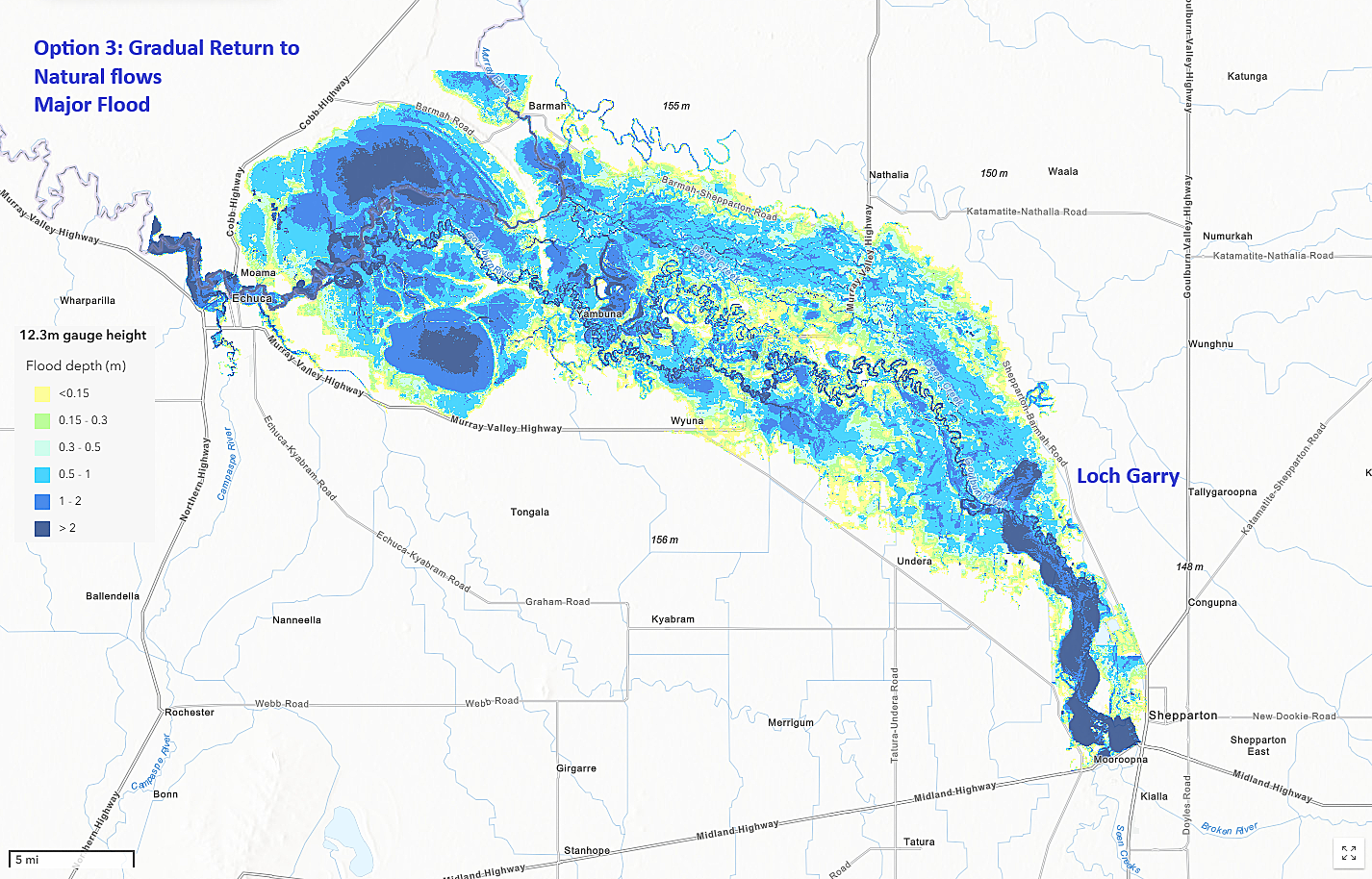 Loch Garry flood map – Option 3: Gradual return to natural flows during a major flood event (12.3m)