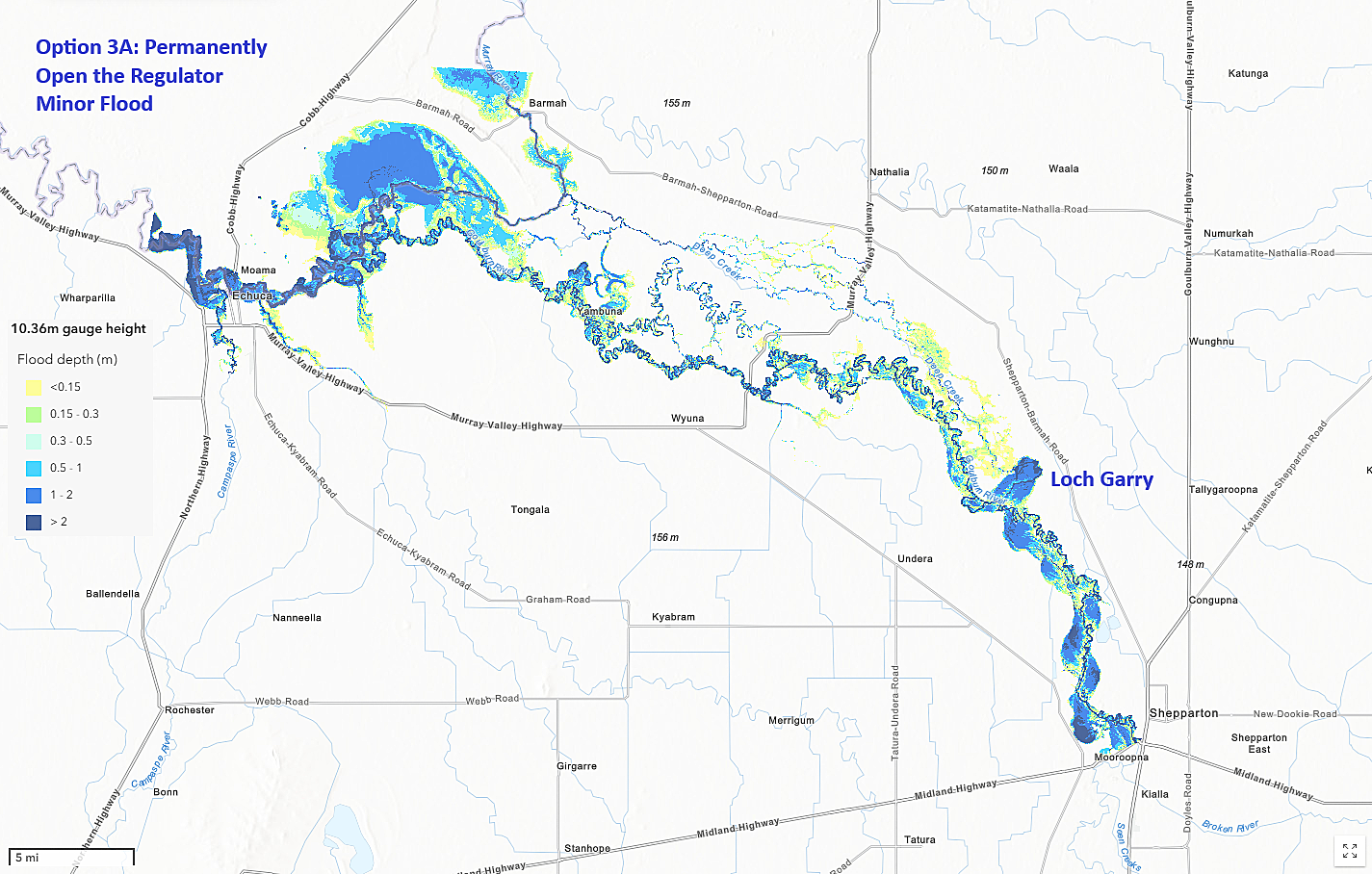 Loch Garry flood map – Option 3A: Permanently open the regulator during a minor flood event (10.36m)