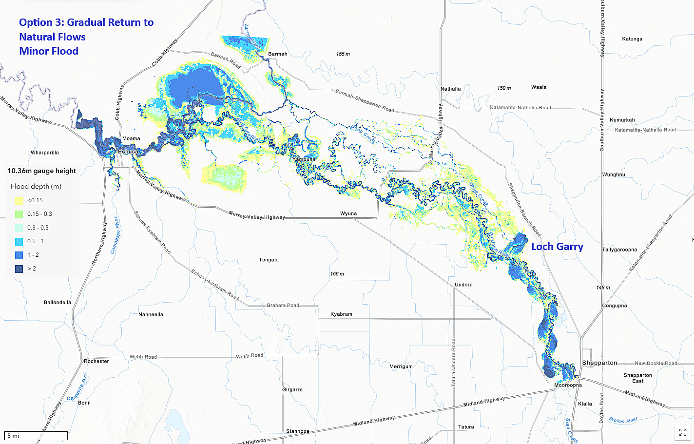 Loch Garry flood map – Option 3: Gradual return to natural flows during a minor flood event (10.36m)