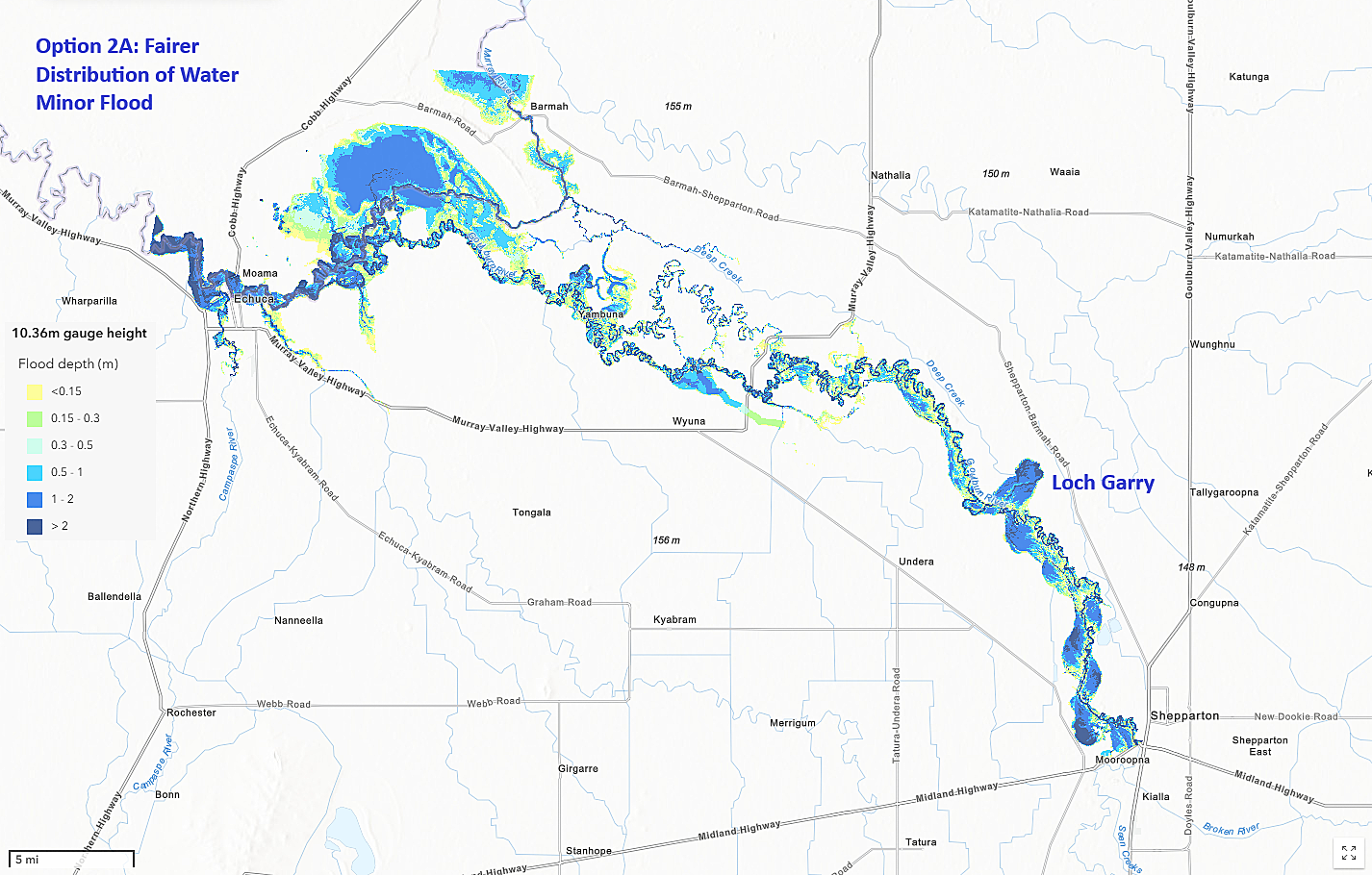 Loch Garry flood map – Option 2A: Fairer distribution of water during a minor flood event (10.36m)