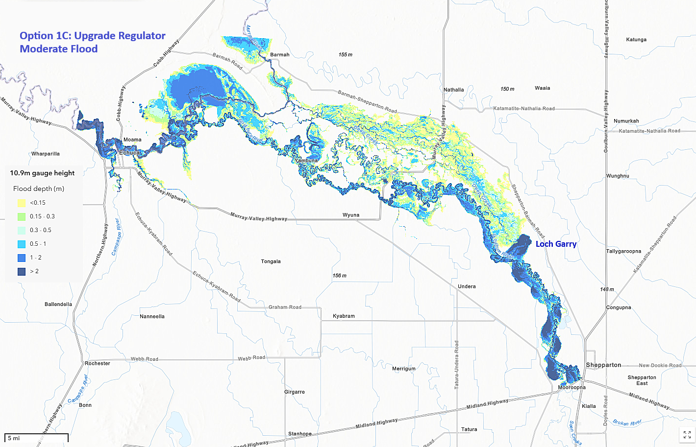Loch Garry flood map – Option 1C: Base case plus regulator upgrade during a moderate flood event (10.9m)
