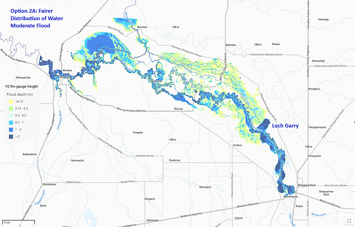 Loch Garry flood map – Option 2A: Fairer distribution of water during a moderate flood event (10.9m)