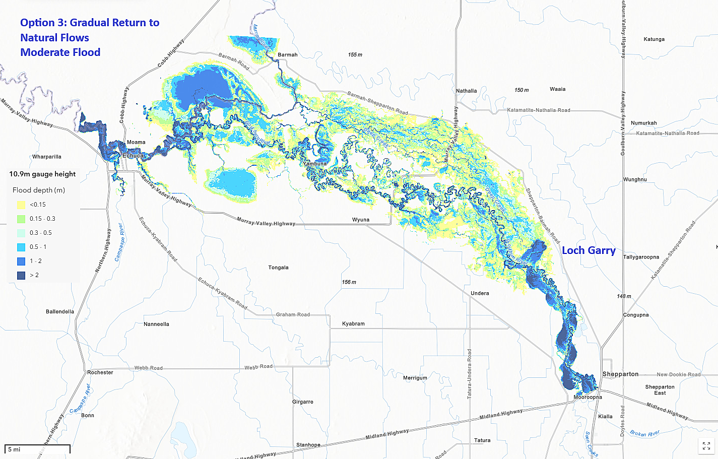 Loch Garry flood map – Option 3: Gradual return to natural flows during a moderate flood event (10.9m)