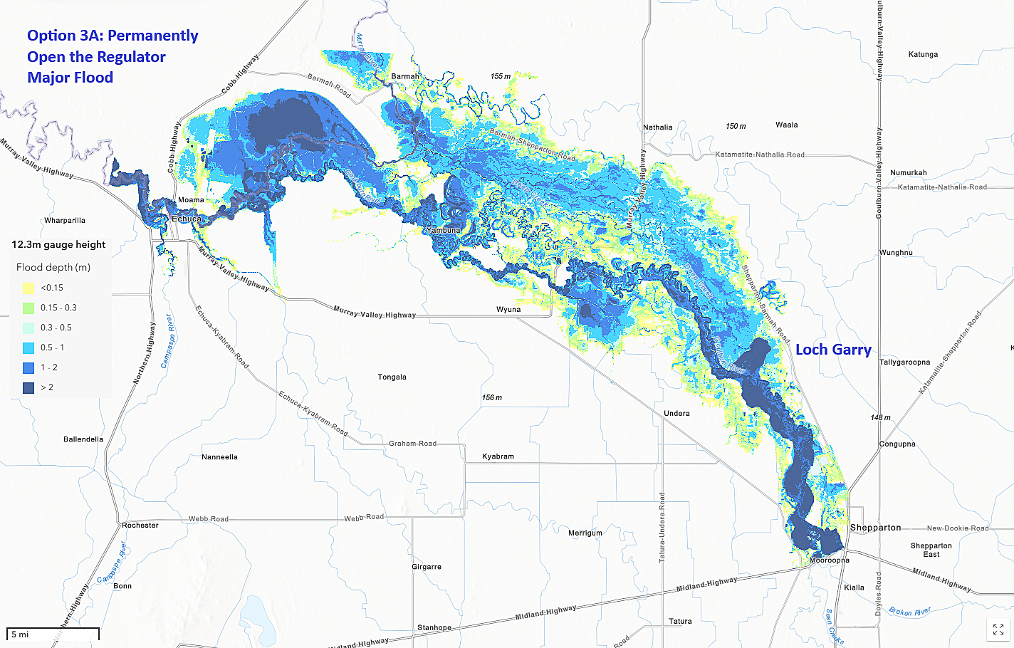 Loch Garry flood map – Option 3A: Permanently open the regulator during a major flood event (12.3m)