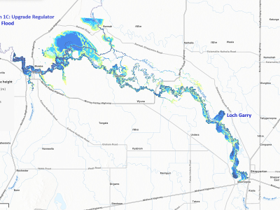Loch Garry flood map – Option 1C: Base case pls regulator upgrade during a minor flood event (10.36m)